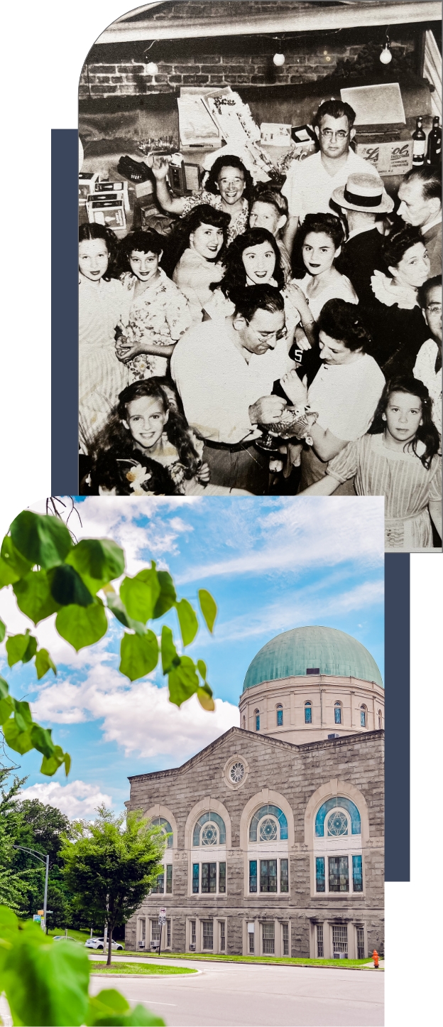 Black and white photo of a group of people celebrating from the early twentieth century layered under a photo of the exterior of Shaarei Tfilloh under a blue sky and with green leaves in the foreground. 