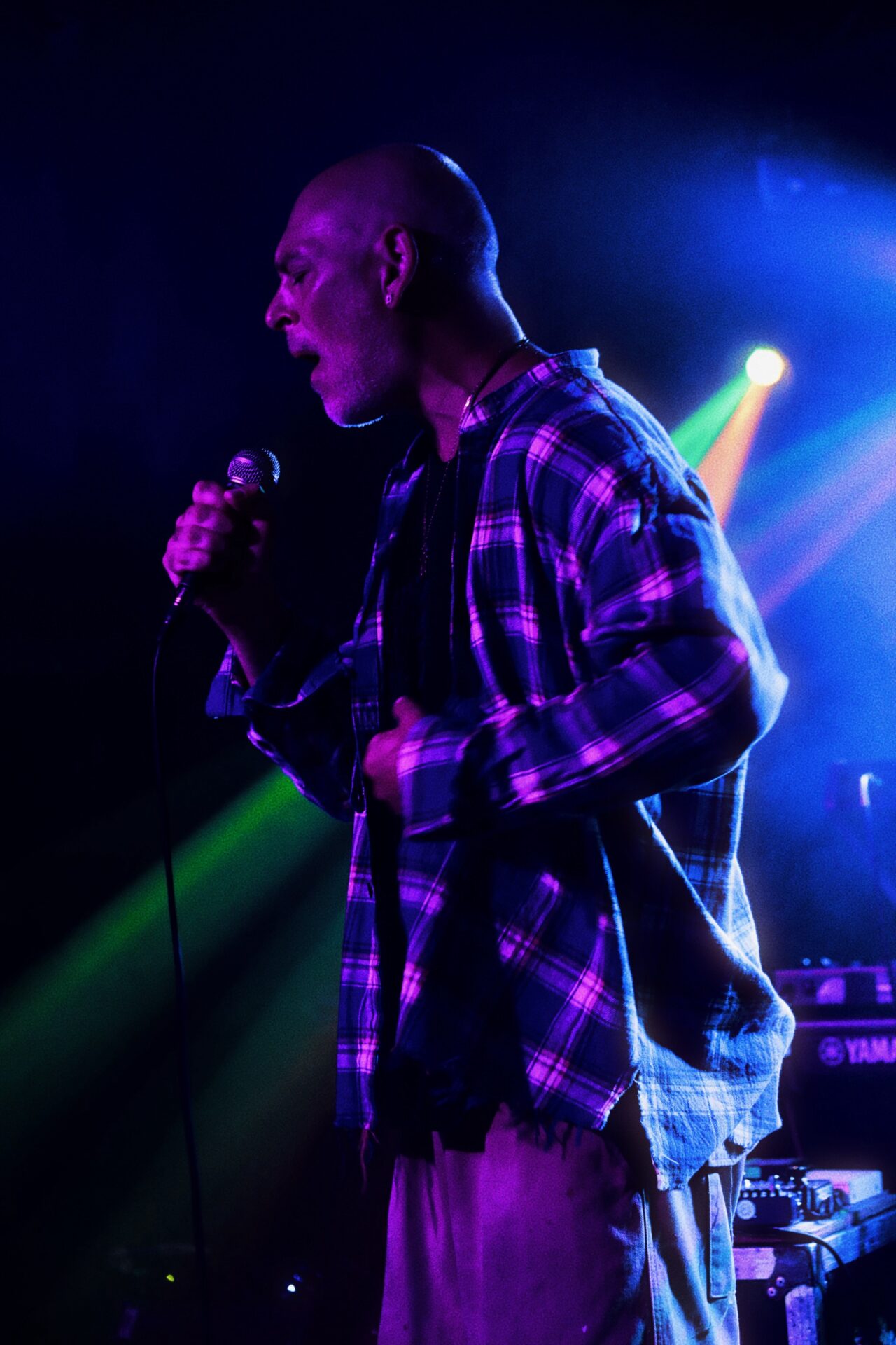 Matisyahu, from the side, standing up, with close cropped hair, wearing a plaid flannel over a black tee shirt, holding a wired microphone close to his open mouth