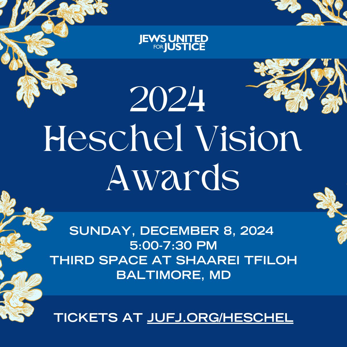 Blue poster shows details about the 2024 Heschel Vision Awards, with some flowers around the text.