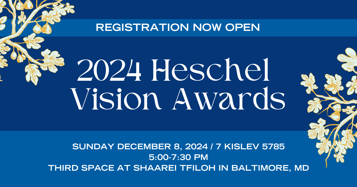 A blue flier shows details about the 2024 Heschel Vision Awards, surrounded by flowering branches.