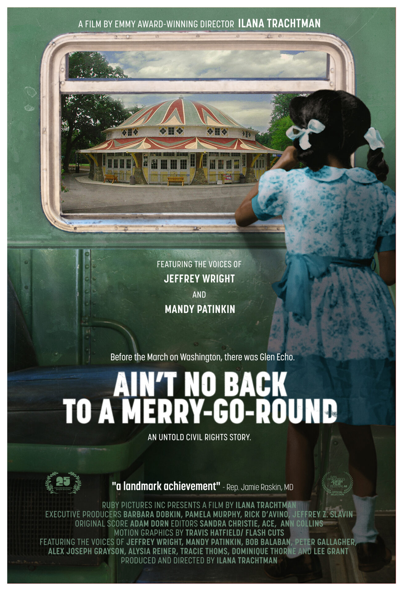 Film poster for Ain't No Back to A Merry-Go-Round, with a young Black girl looking out of a bus window at a merry-go-round